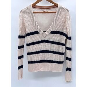 Faherty Sweater Miramar Linen Blend‎ V Neck Wharf Stripe Women Small Off White